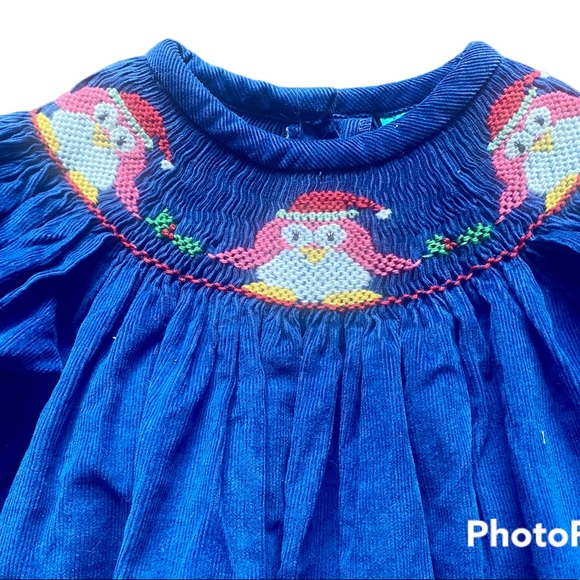 Blue Soft Corduroy Christmas Holly Penguin Santa Smock Dress 9 Month - Picture 7 of 11